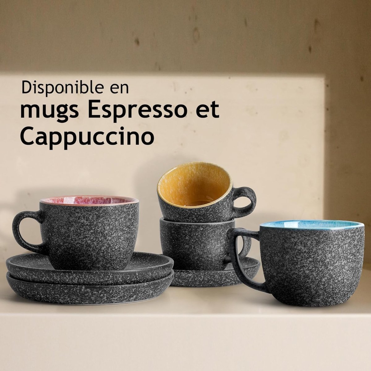 Tasses à espresso empilables en céramique de 80 ml avec soucoupes et support en métal, ensemble de 6 demi tasses pour latte café moka et thé - Mugs et tasses à café - Librairie du Grimoire Ancien