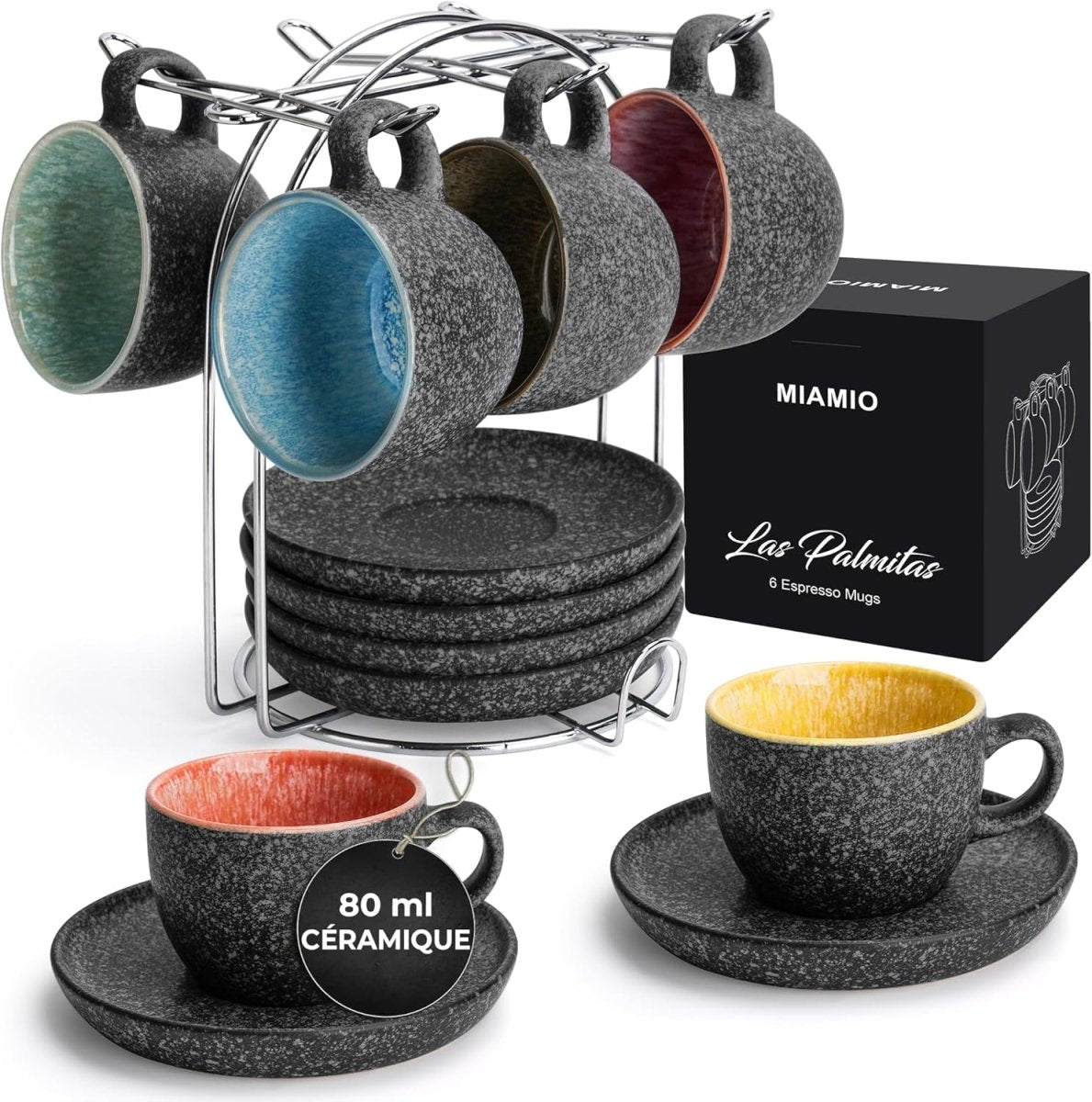 Tasses à espresso empilables en céramique de 80 ml avec soucoupes et support en métal, ensemble de 6 demi tasses pour latte café moka et thé - Mugs et tasses à café - Librairie du Grimoire Ancien