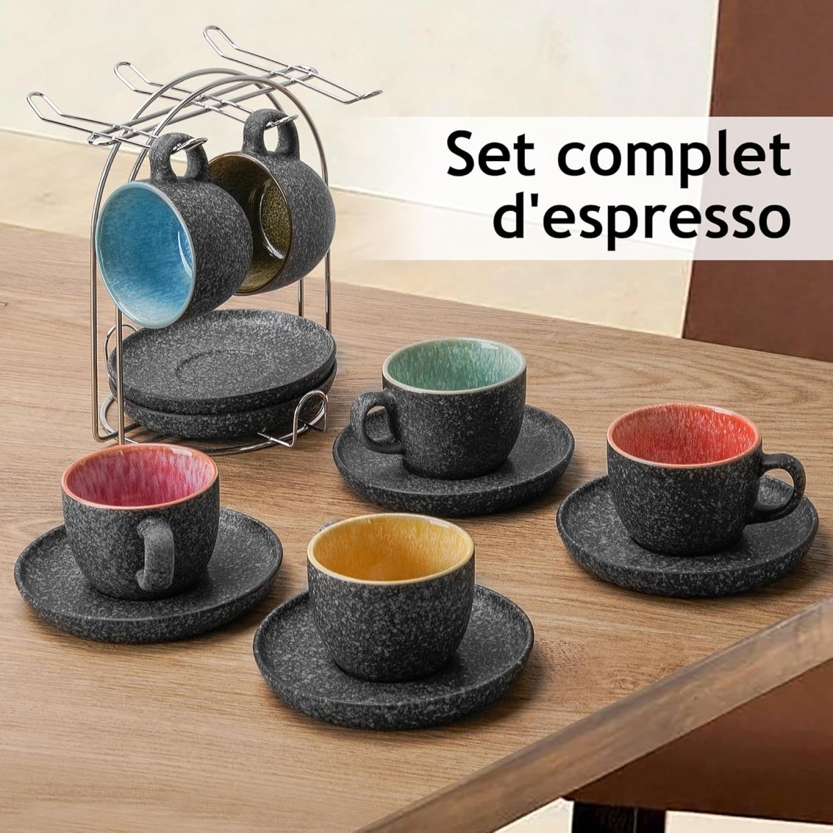 Tasses à espresso empilables en céramique de 80 ml avec soucoupes et support en métal, ensemble de 6 demi tasses pour latte café moka et thé - Mugs et tasses à café - Librairie du Grimoire Ancien