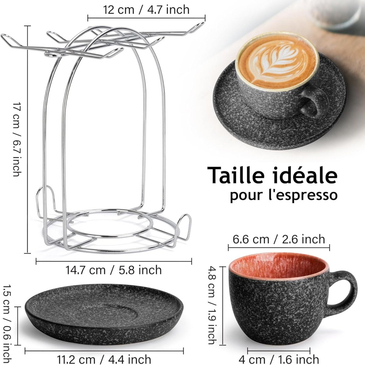 Tasses à espresso empilables en céramique de 80 ml avec soucoupes et support en métal, ensemble de 6 demi tasses pour latte café moka et thé - Mugs et tasses à café - Librairie du Grimoire Ancien